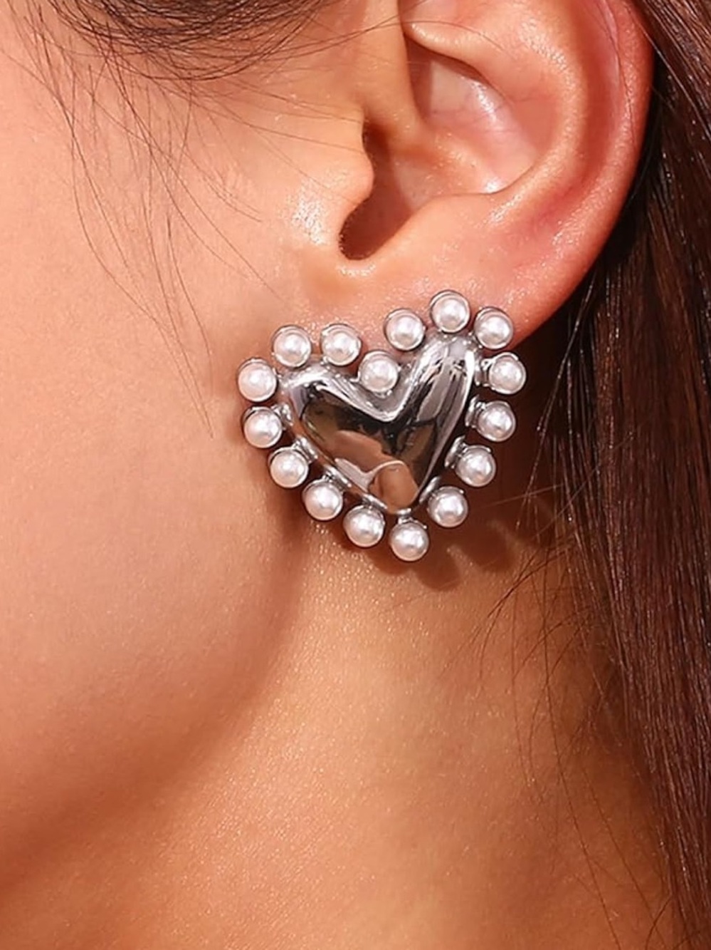 Anthropologie Silver Heart Pearl-Trim Stud Earrings